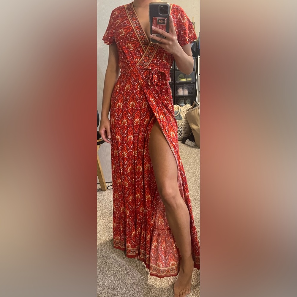 Small | Orange & Red | Boho Maxi | W/slit | wrap around | worn once